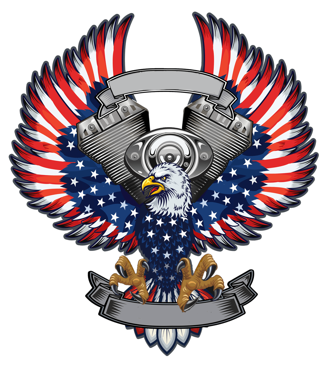 Eagle emblem with American flag wings and a motorcycle engine