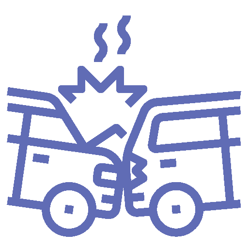 Blue line icon of a car accident featuring two colliding vehicles with a smoke plume above.