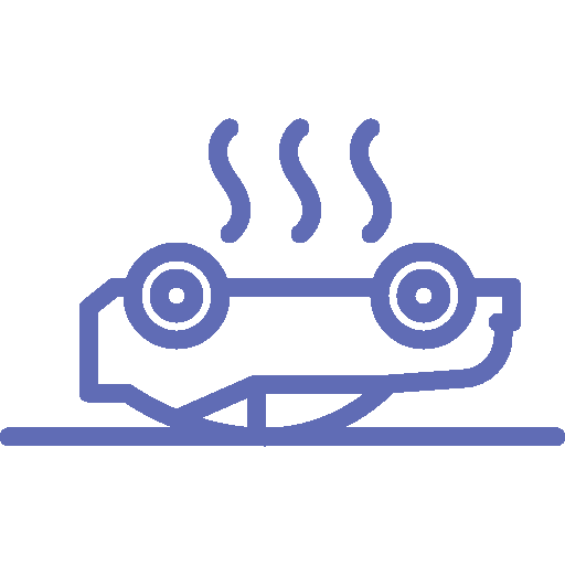 Icon of an overturned car with steam rising from it, typical of cases handled by a car accident lawyer.