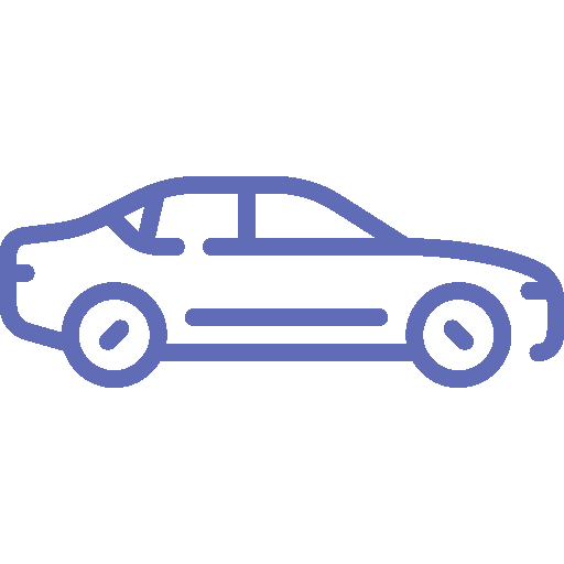 Blue line icon of a sedan car in profile, representing a personal injury lawyer.