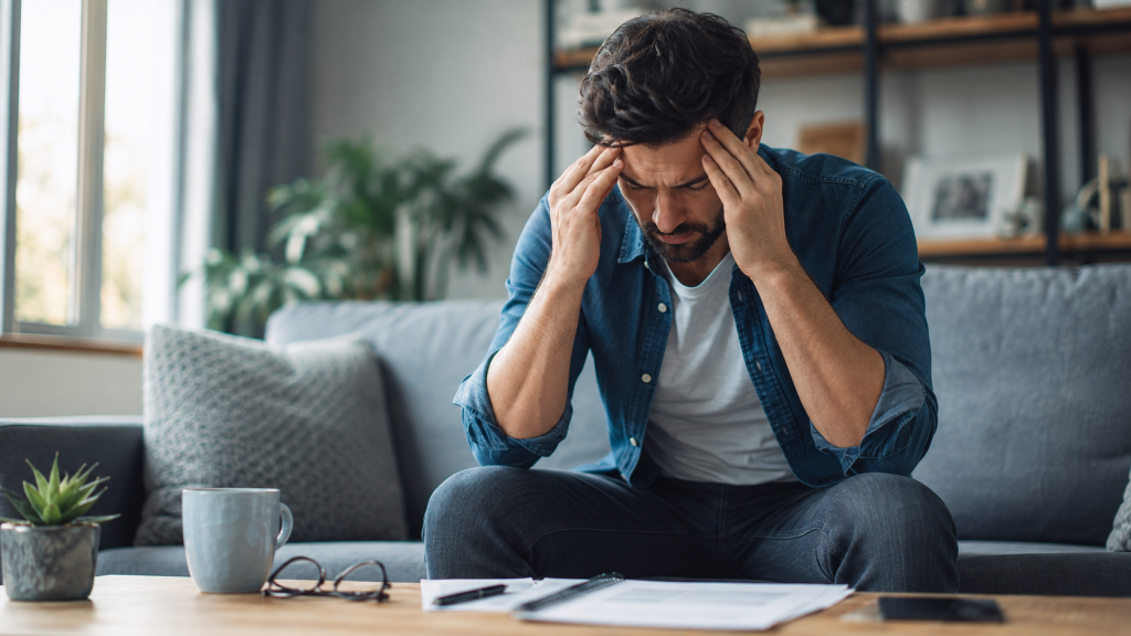Man holding his head in pain on a couch