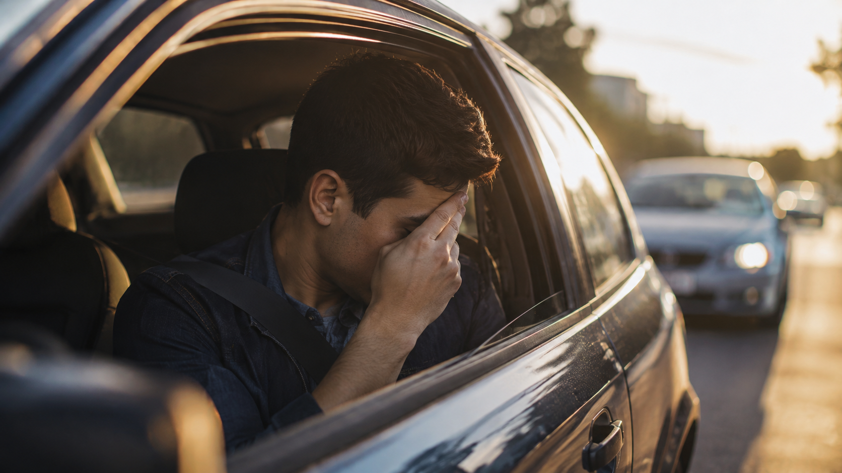Young driver resting his head in his hand in a car