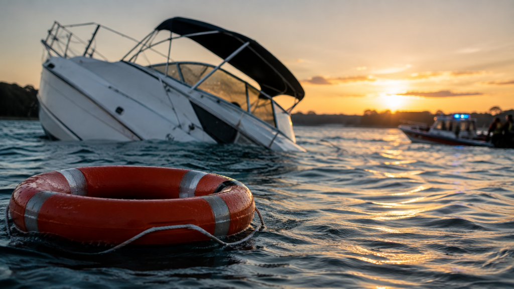 Capsized boat and life ring on the water at sunset