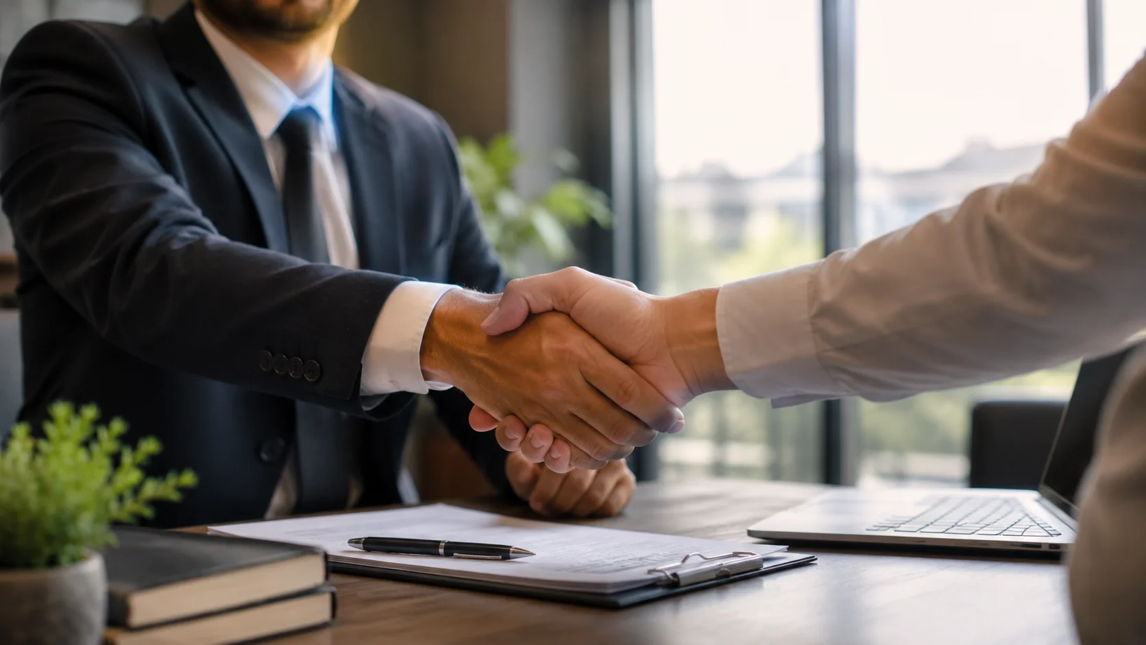 Business partners shaking hands across a desk