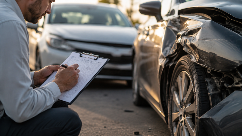 Inspector writing notes beside a damaged car