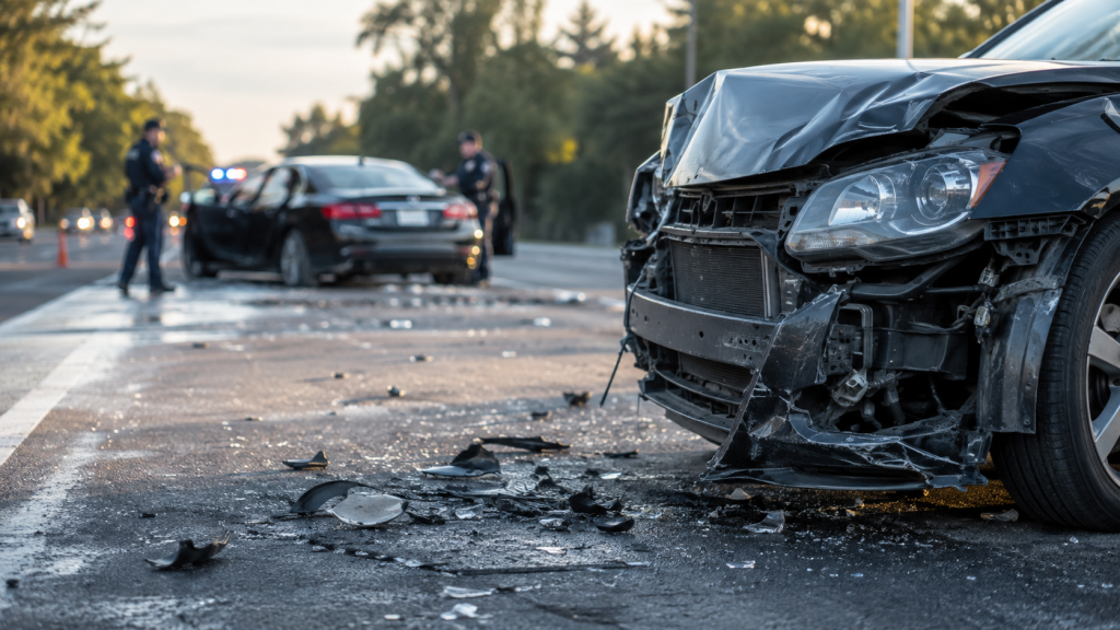 Damaged car after a multi-vehicle crash