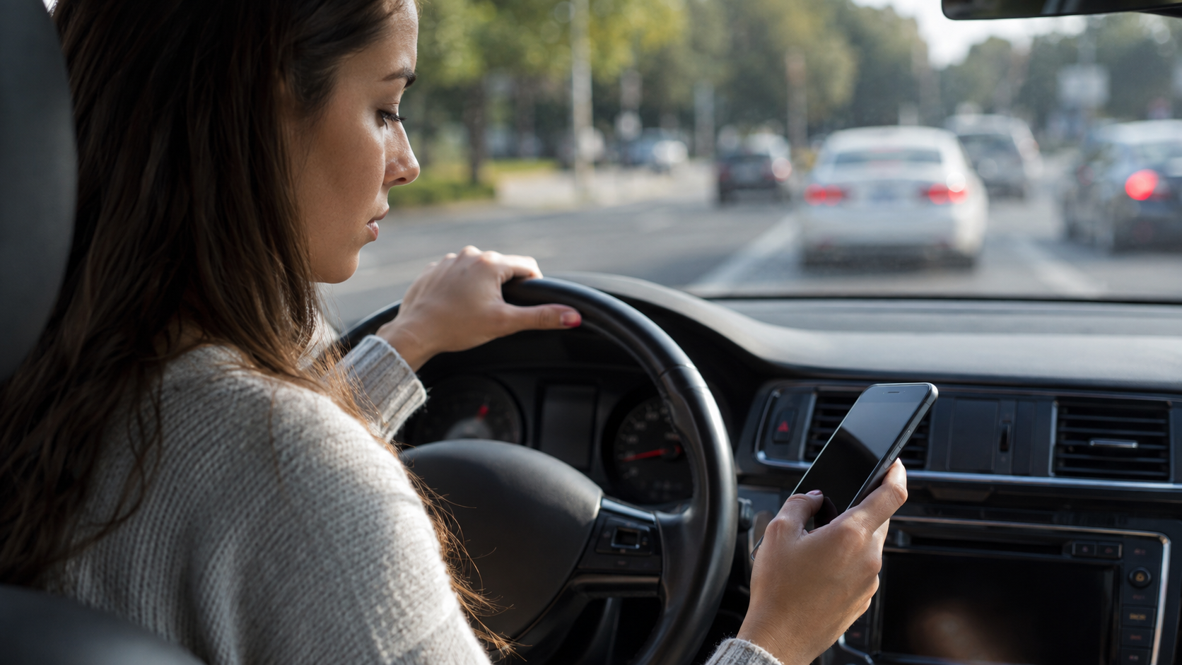 Woman texting while driving