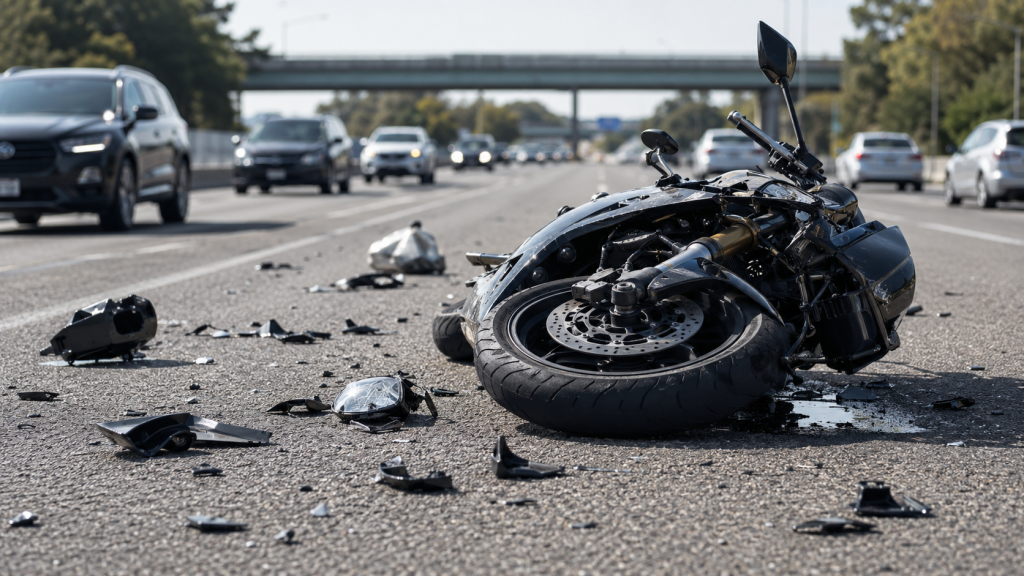 Motorcycle lying on a highway after a crash