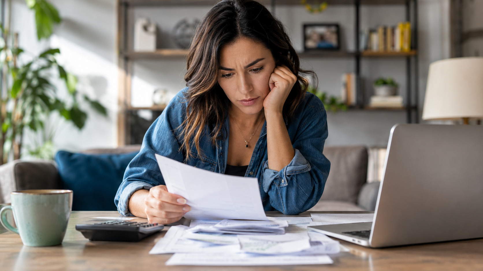 Woman reviewing paperwork with concern at home