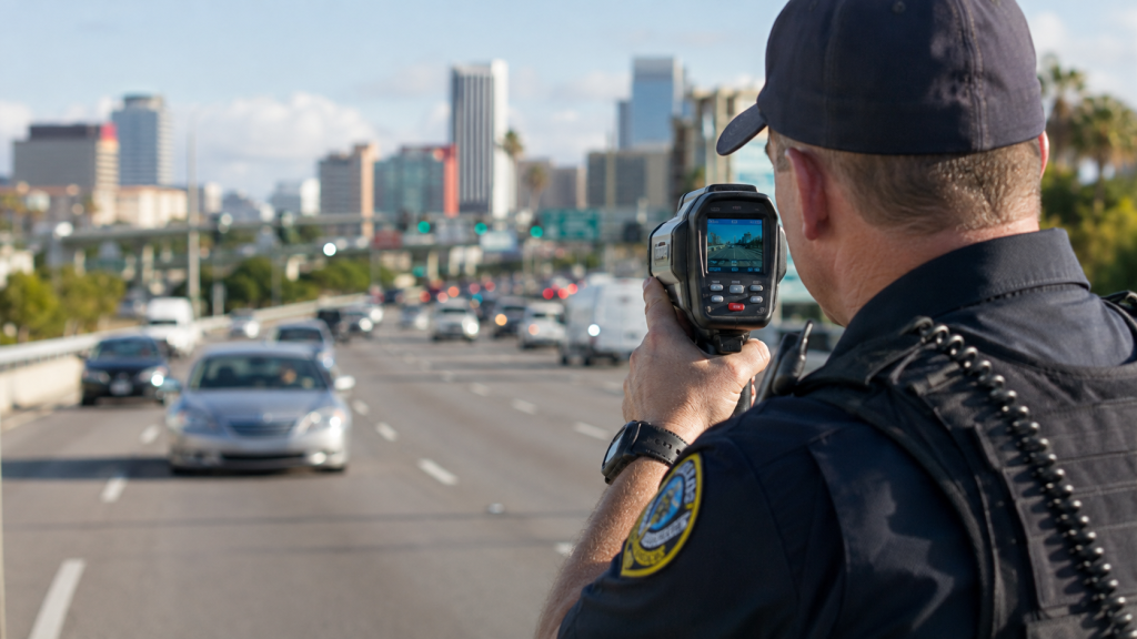 Police officer using a speed radar on a city highway