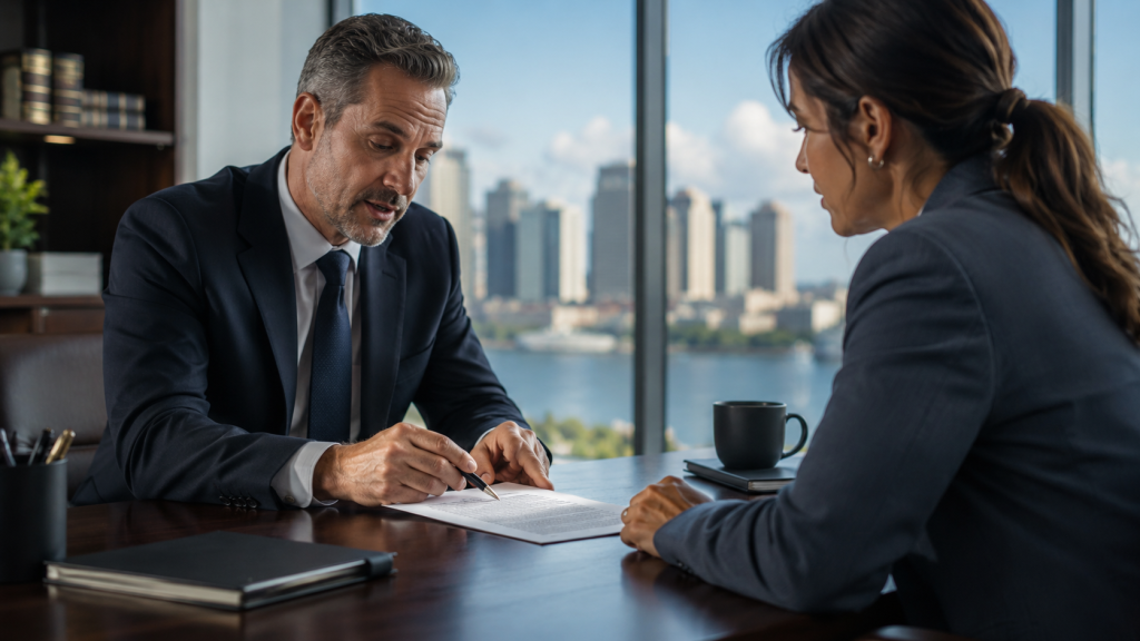 Attorney reviewing an agreement with a client