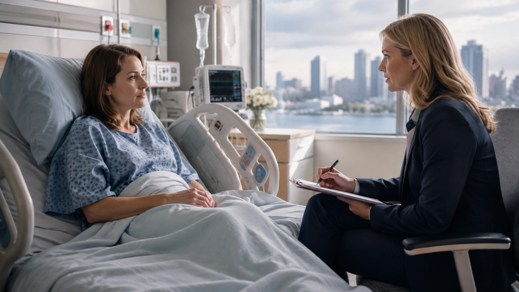 Attorney visiting an injured woman in a hospital bed