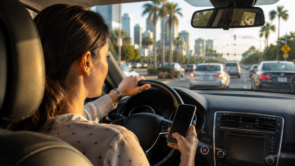 Woman texting while driving in city traffic