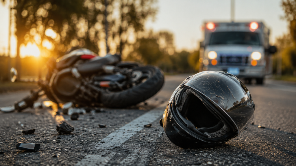 Motorcycle and helmet on the road as an ambulance arrives