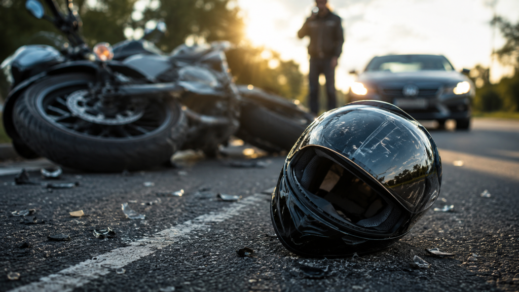 Motorcycle and helmet on the road after a hit-and-run