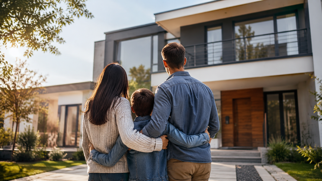 Family standing in front of a modern house