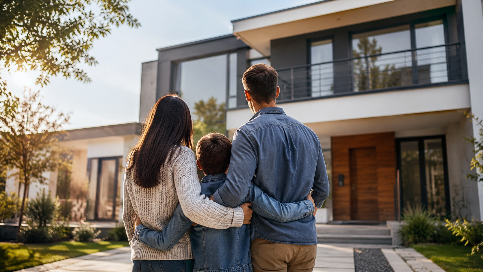 Family standing in front of a modern house