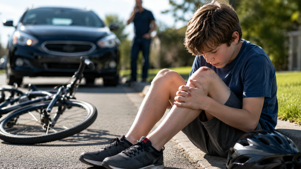Injured boy sitting beside a bicycle after a car accident