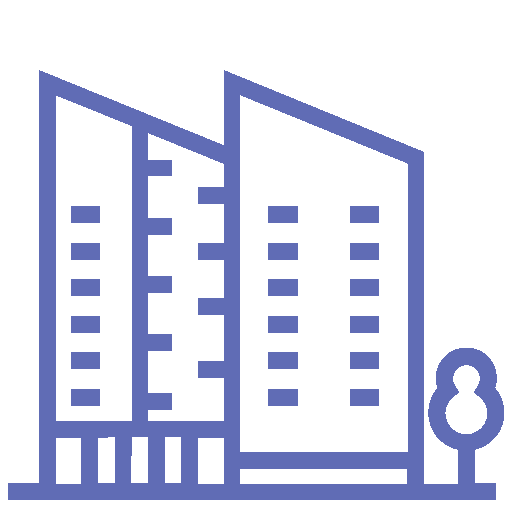 Icon of two multi-story civil litigation attorney office buildings with angled rooflines and a small tree.