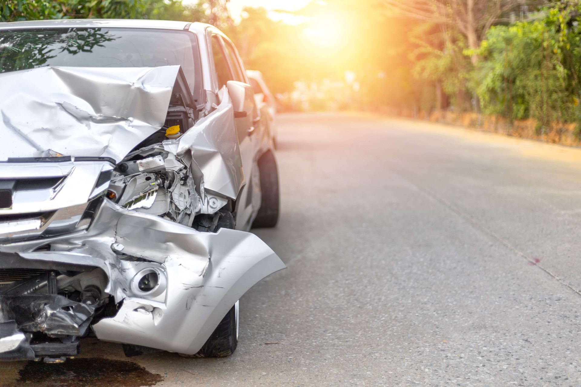 Car with a crushed front end after an accident