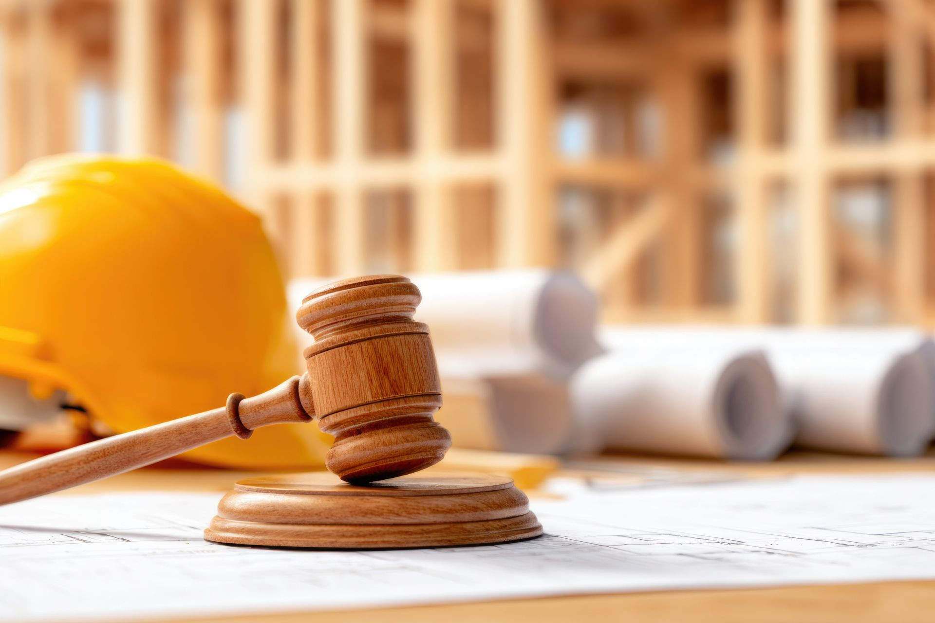 Gavel and hard hat on construction blueprints