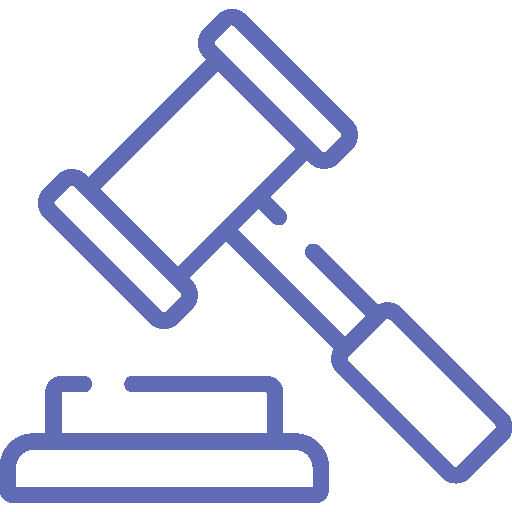 A purple line-art icon of a civil litigation attorney’s gavel resting on a sounding block.