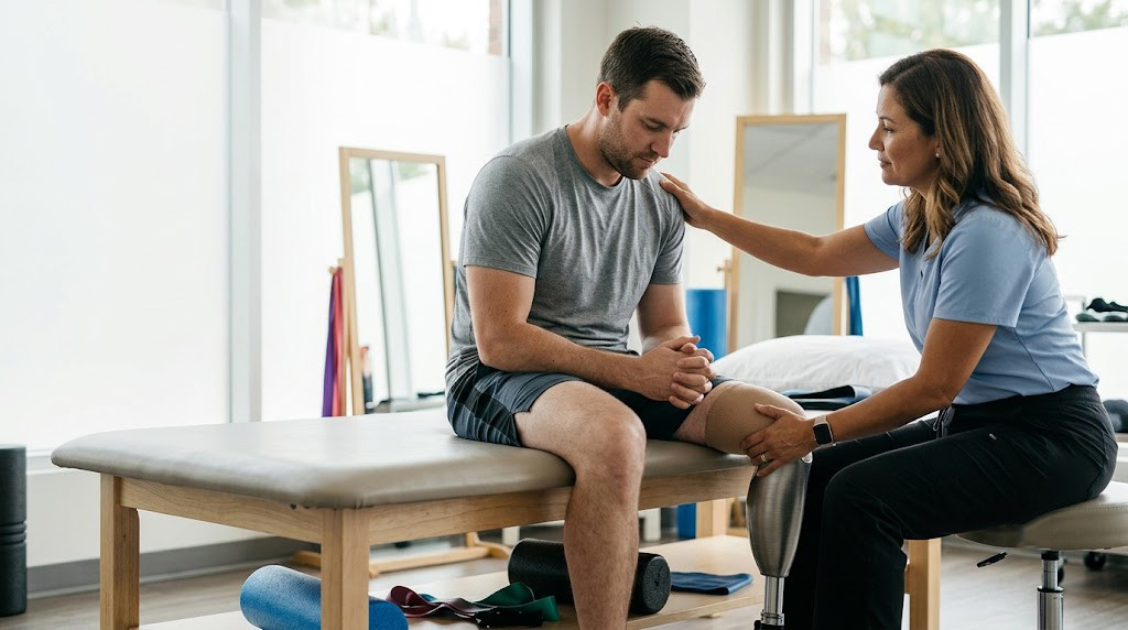 Physical therapist helping a man with a leg injury