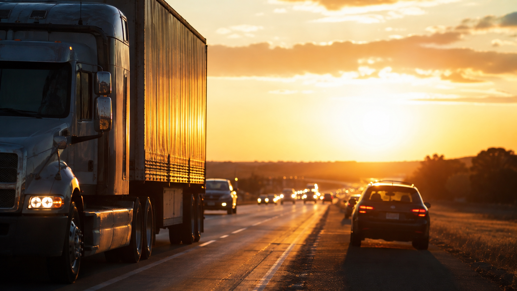 Truck and cars driving on a highway at sunset