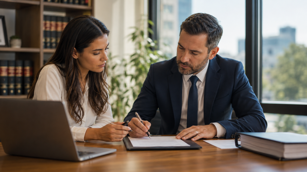 Business partners reviewing an agreement with an attorney