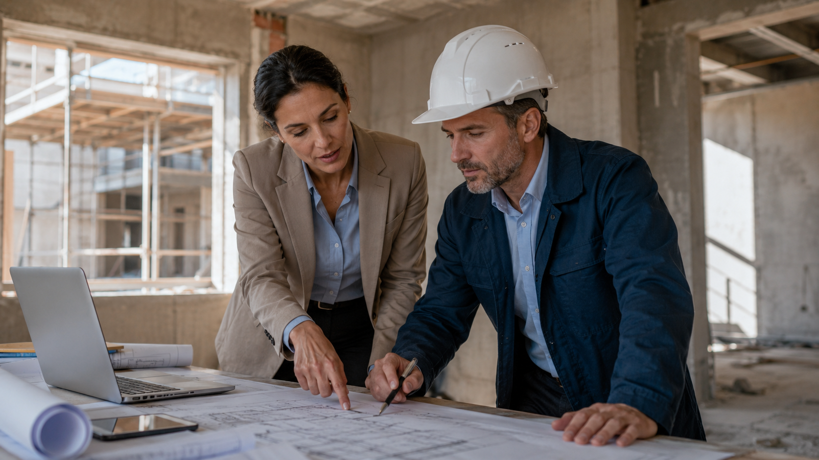 Contractor and client reviewing plans at a construction site