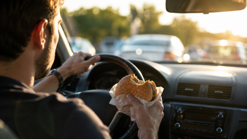 Driver eating a burger behind the wheel