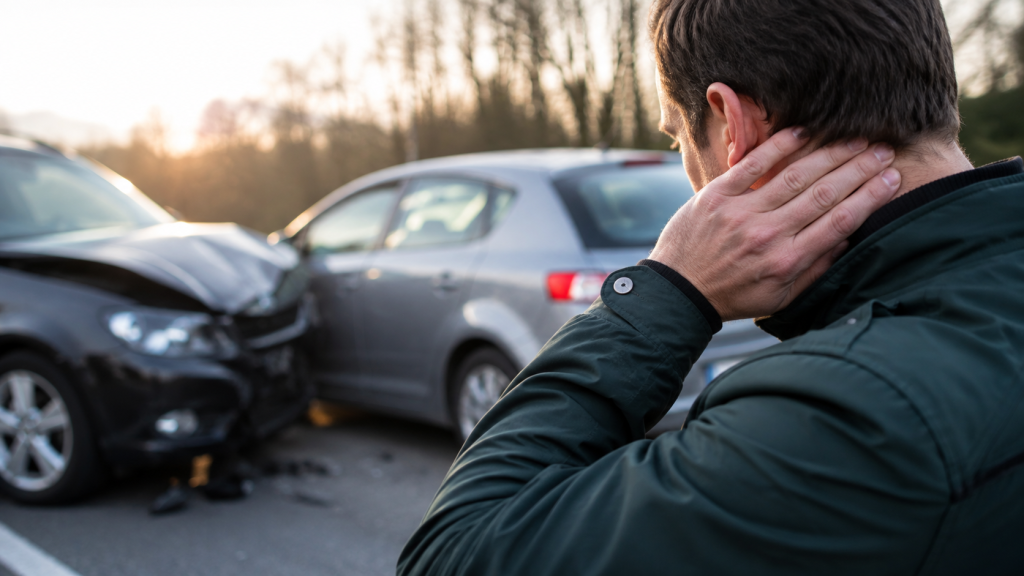 Driver holding his neck in pain after a car crash