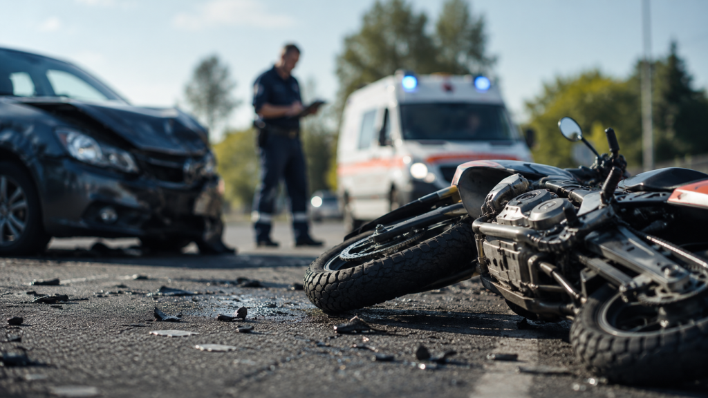 Police and ambulance at a motorcycle crash scene