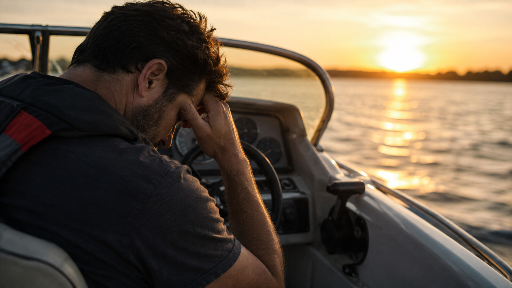 Distressed man sitting in a boat at sunset