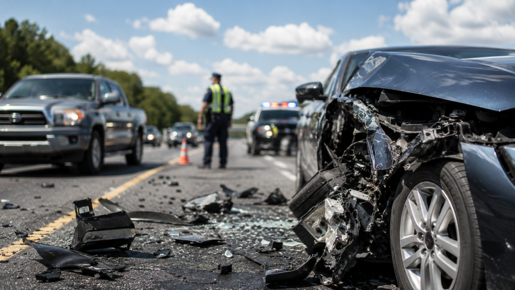 Damaged car after a sideswipe collision on a highway
