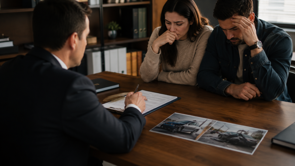 Attorney reviewing accident photos with a couple