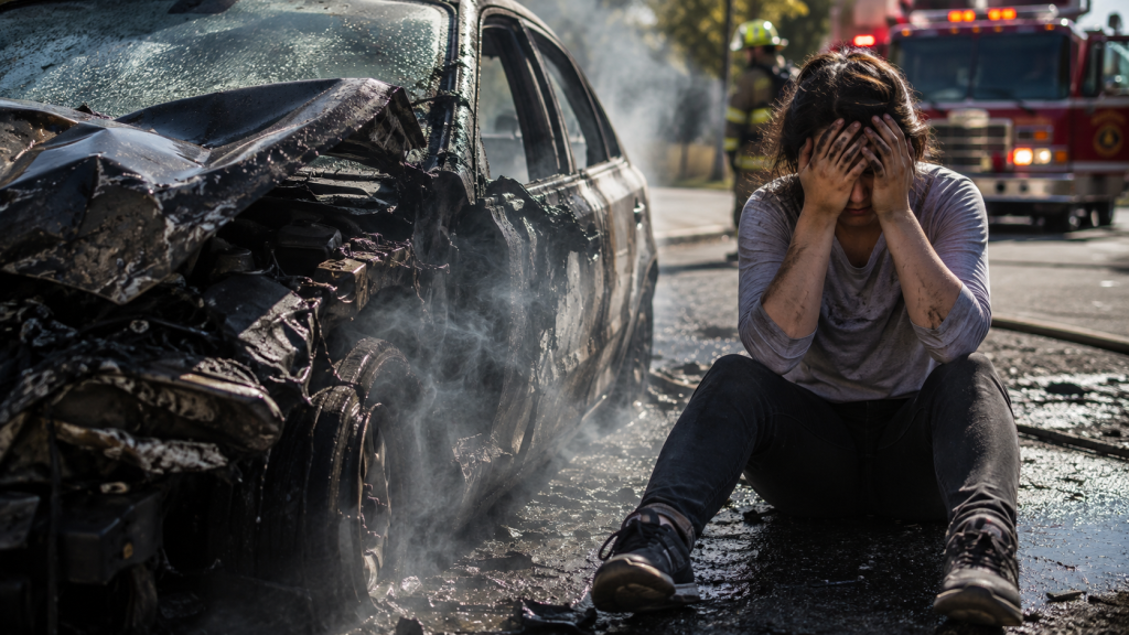 Upset woman sitting beside a burned car after a crash