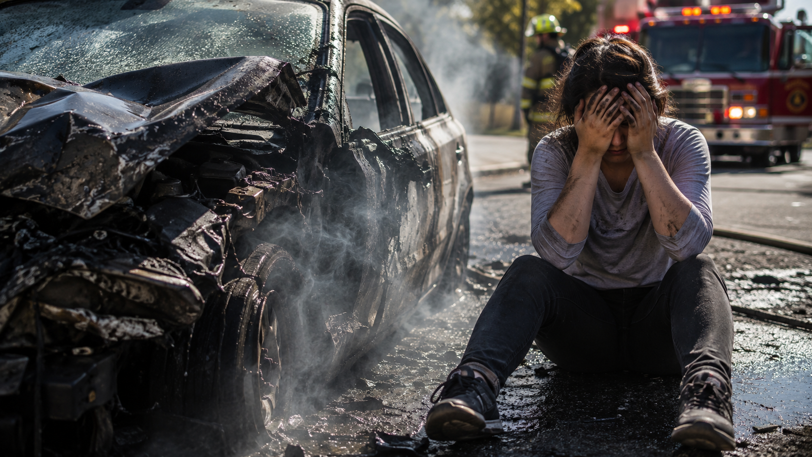 Upset woman sitting beside a burned car after a crash