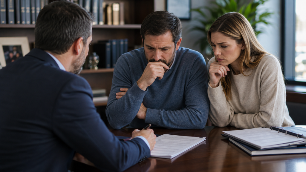 Couple meeting with an attorney about car insurance