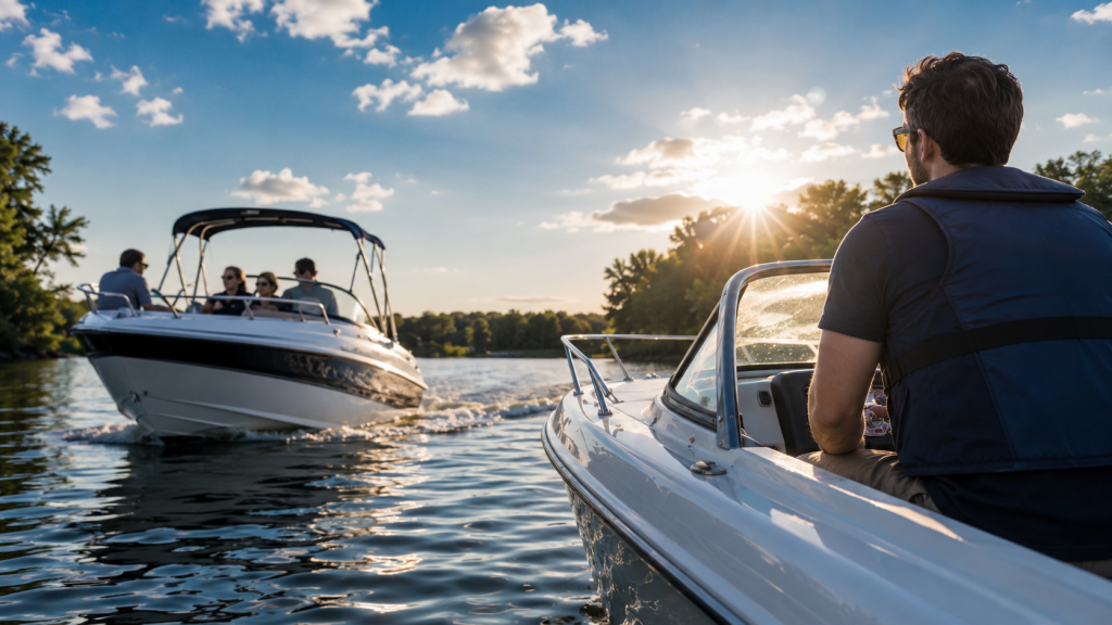 Two boats meeting on a lake