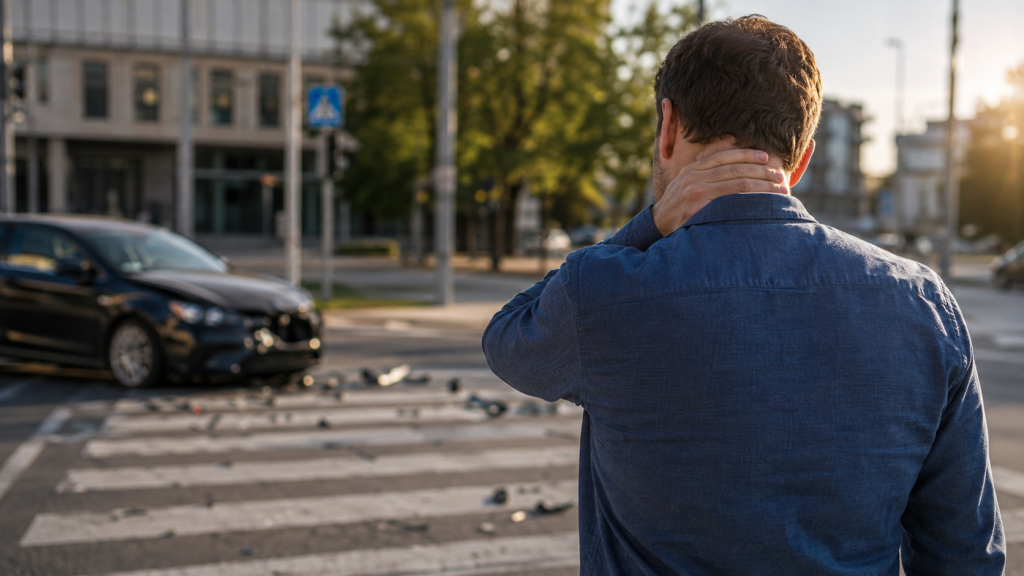 Man waiting to cross a city street