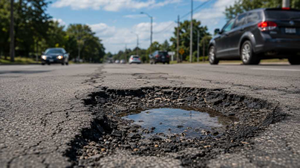 Large pothole on a busy road