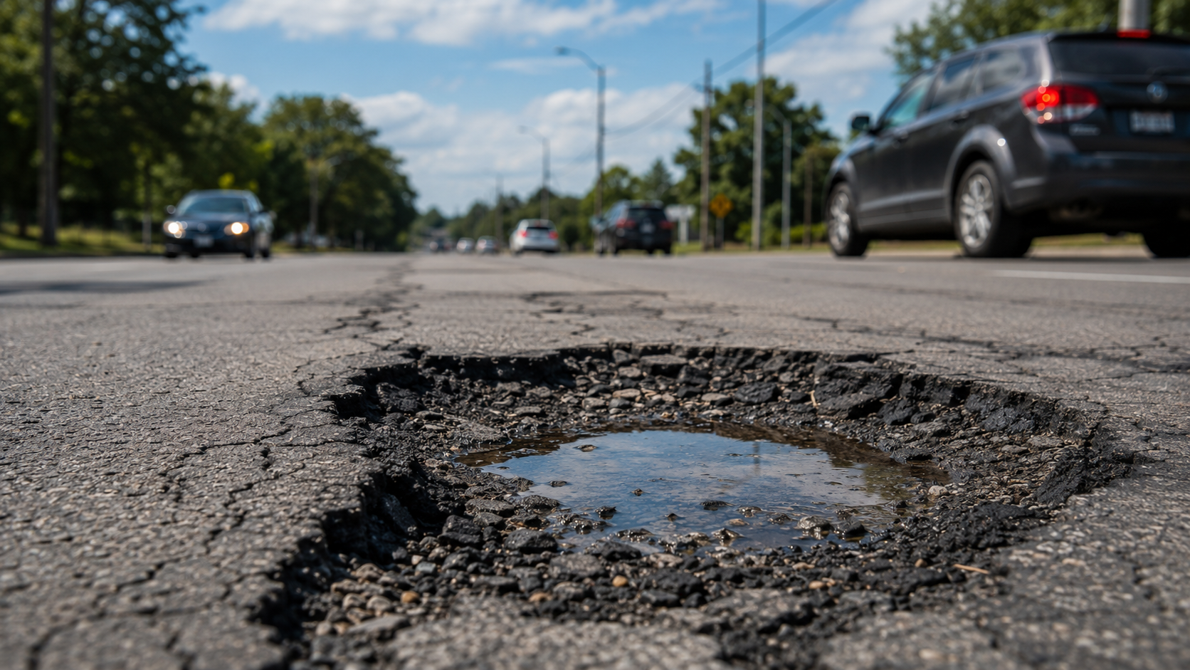 Large pothole on a busy road