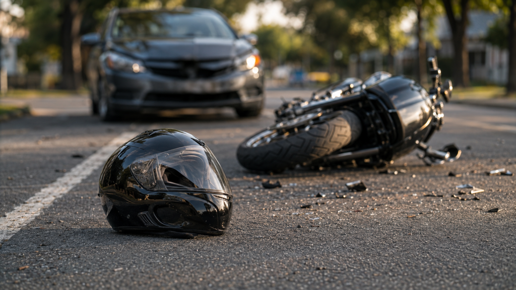 Helmet and motorcycle lying on the road after a crash
