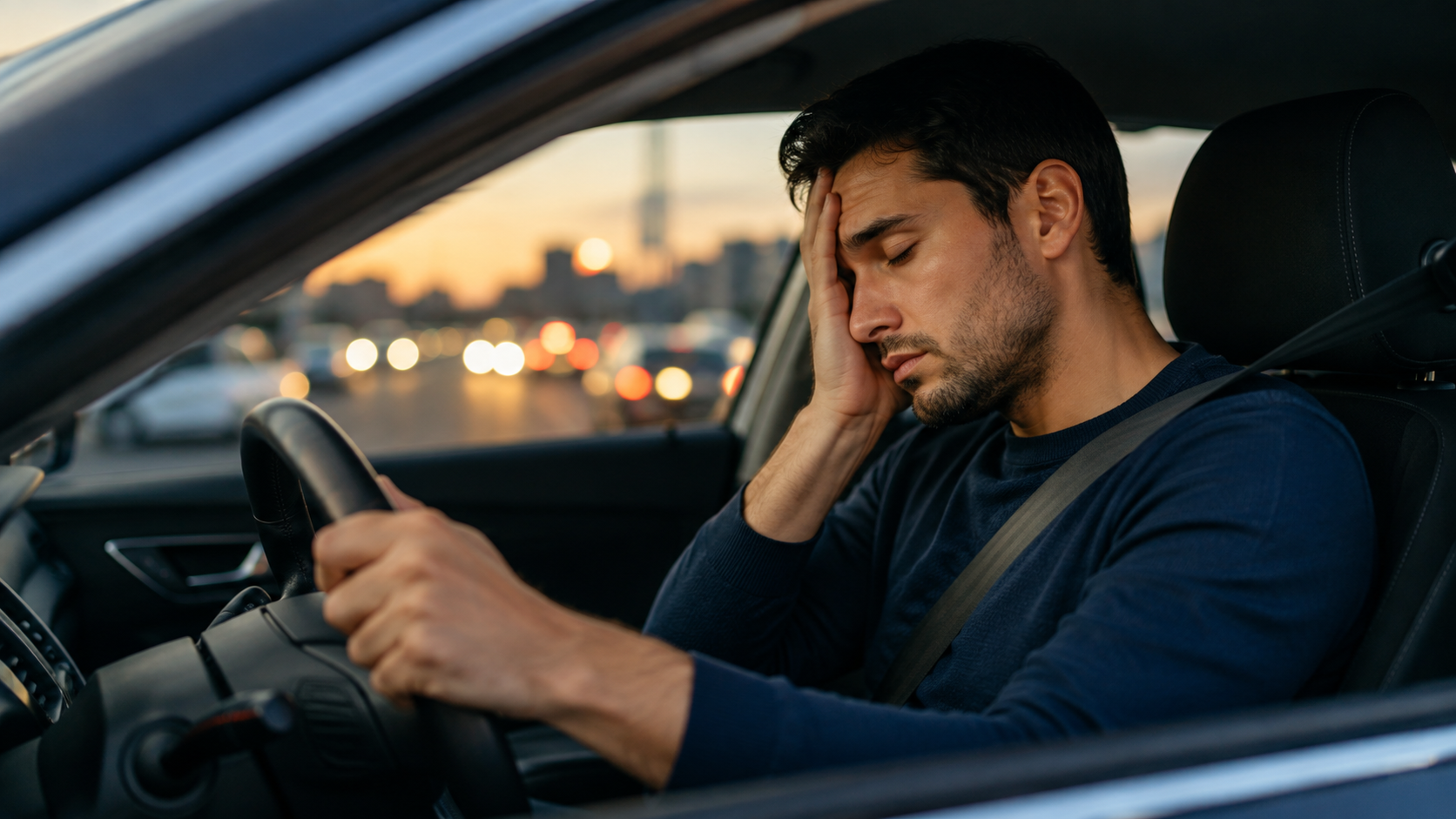 Tired driver rubbing his eyes behind the wheel
