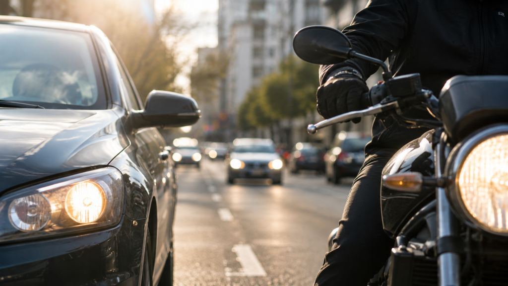 Motorcyclist riding alongside cars in traffic
