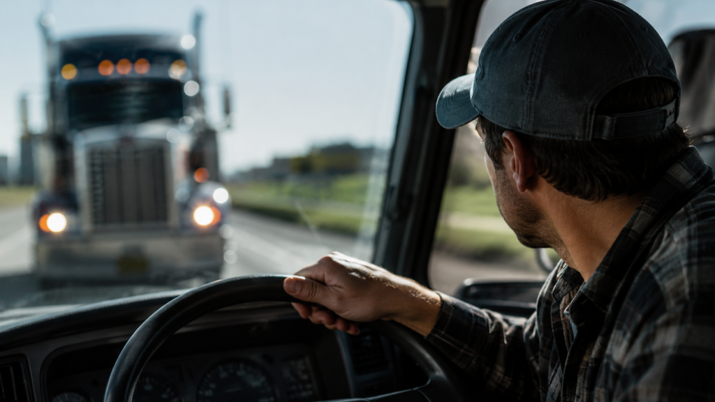 Driver watching a semi-truck approach in the mirror