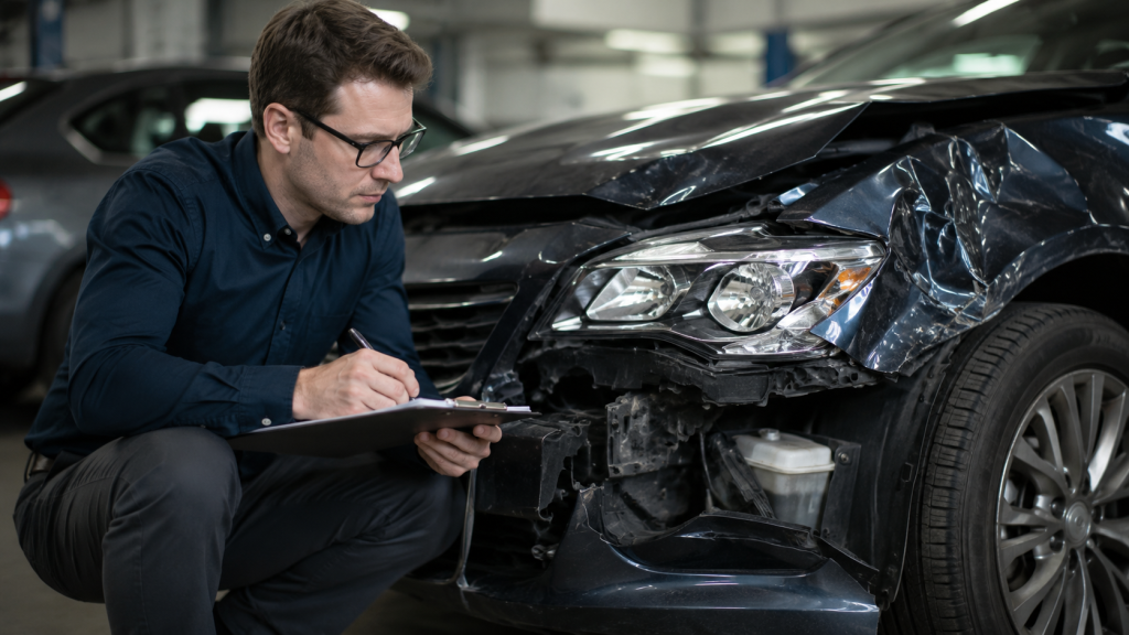 Inspector taking notes beside a damaged car