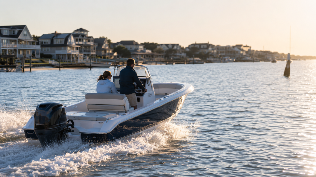 Small motorboat speeding across the water
