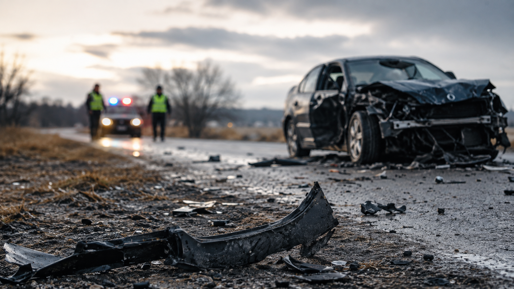 Wrecked car on a roadside as police arrive